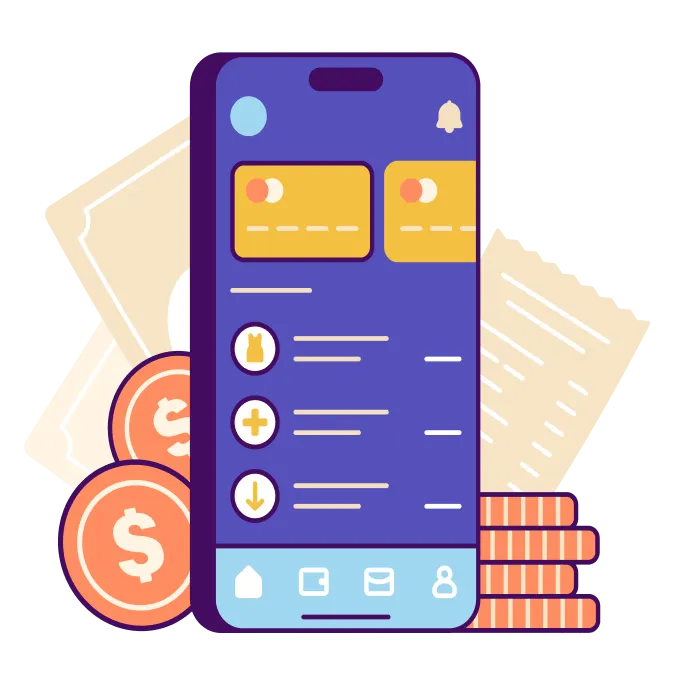 Mobile Mockup with coins and Cash Illustration